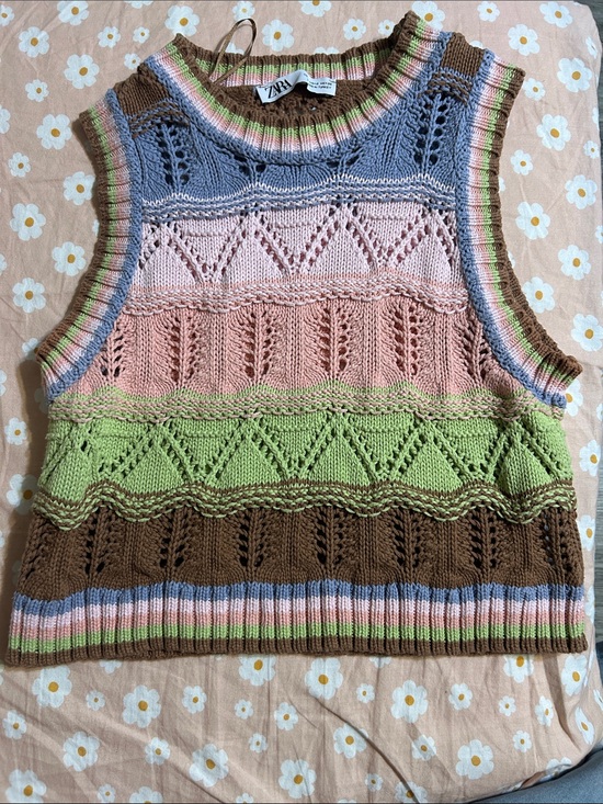 Zara Tops - ZARA Striped Knit Tank Top in Blue, Pink, Green & Brown